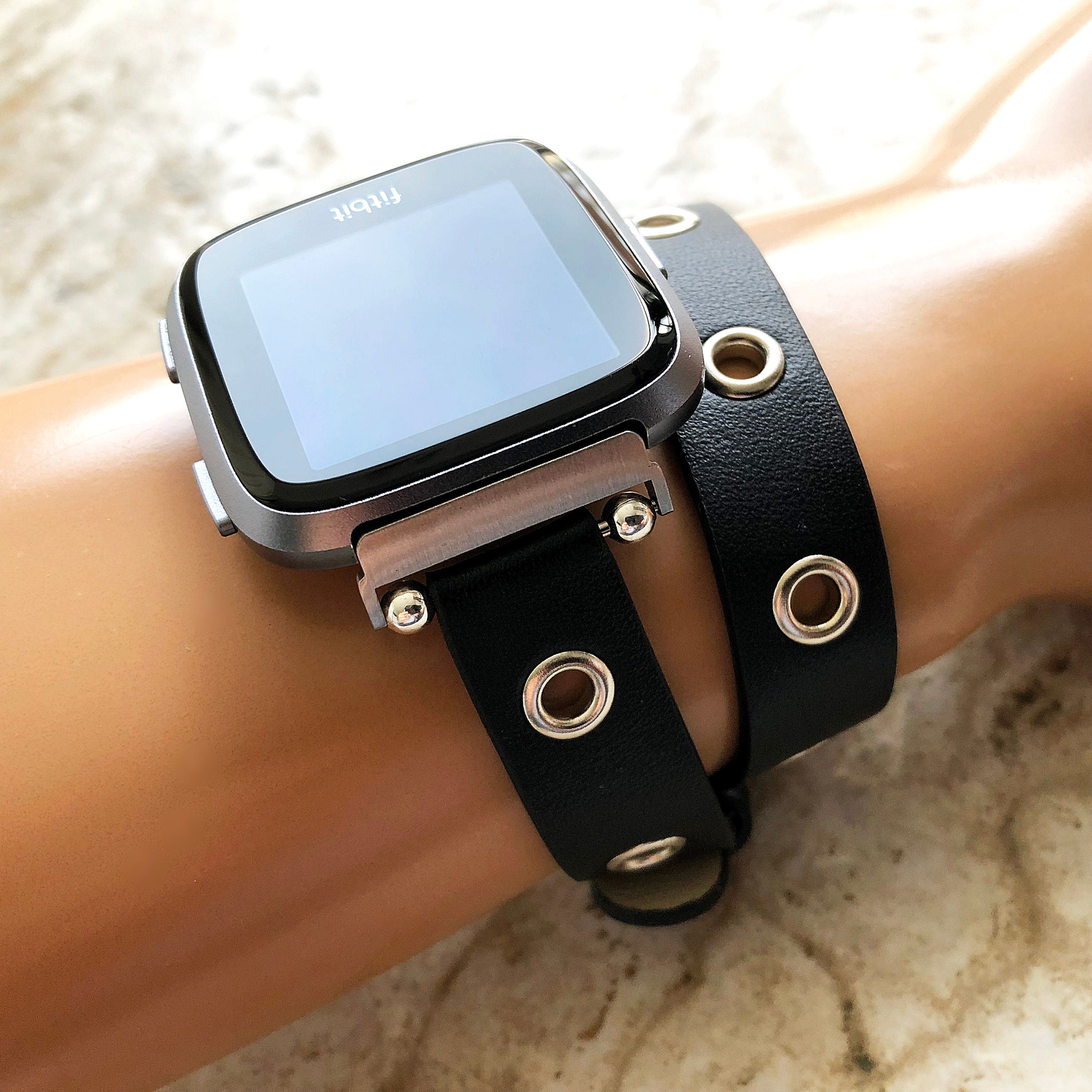 Fitbit Grommets Band for Versa 2 3 4 Sense 2 Black Eco Leather Watch Strap Double Wrap Around Wrist Bracelet Silver Rose Gold Black Buckle